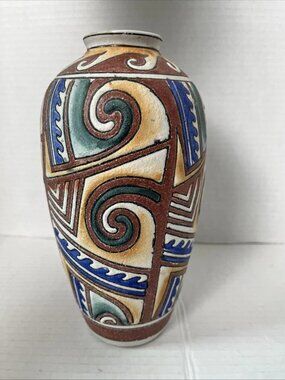 Southwest Textured Ceramic Vase Hand Painted Geometric Tribal Boho Decor 8"